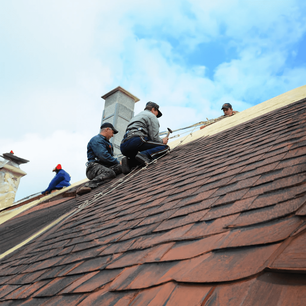roofers installing burnt sienna coloured asphalt shingles on a roof with a blue sky in the background