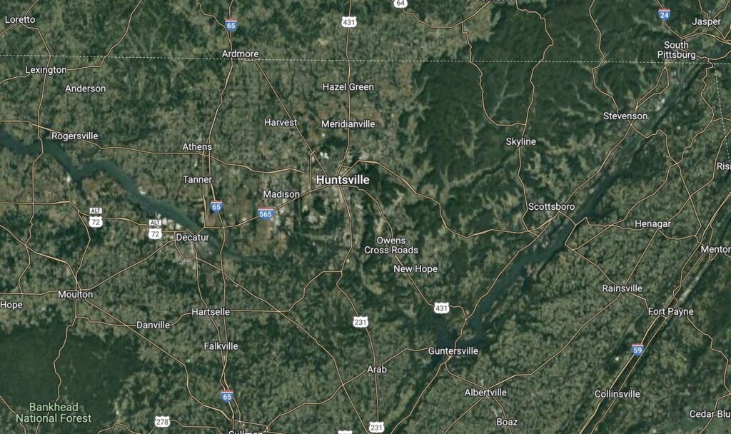 map showcasing roofing areas served in Huntsville, Alabama