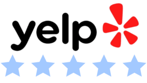 yelp logo with an icon on the side and blue review stars icon at the bottom on a transparent background