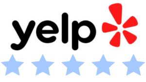 yelp logo with an icon on the side with blue review stars icon at the bottom on a white background