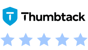 thumbtack logo with an icon on the side with blue review stars icon at the bottom on a white background
