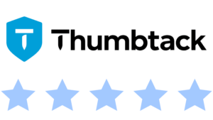 thumbtack logo with an icon on the side and blue review stars icon at the bottom on a transparent background
